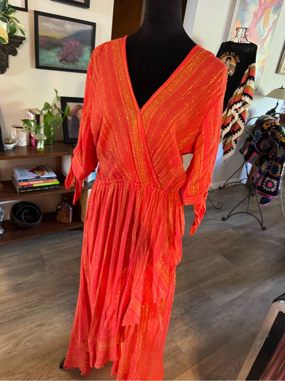 Michael Kors Orange Metallic-Striped Midi Wrap Dress - Picture 5 of 7